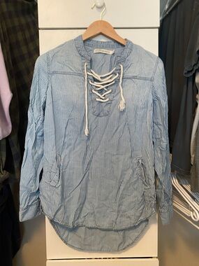 Light Blue Striped Lace-Up Women’s Swim Coverup